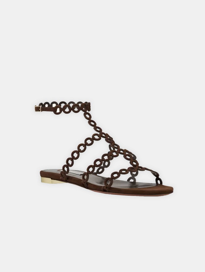Sandales plates en daim marron- Aquazzura - Mademoiselle Pearl