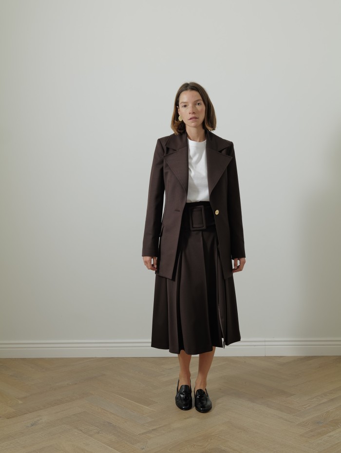 Jupe midi marron - Belted pleated - Patou