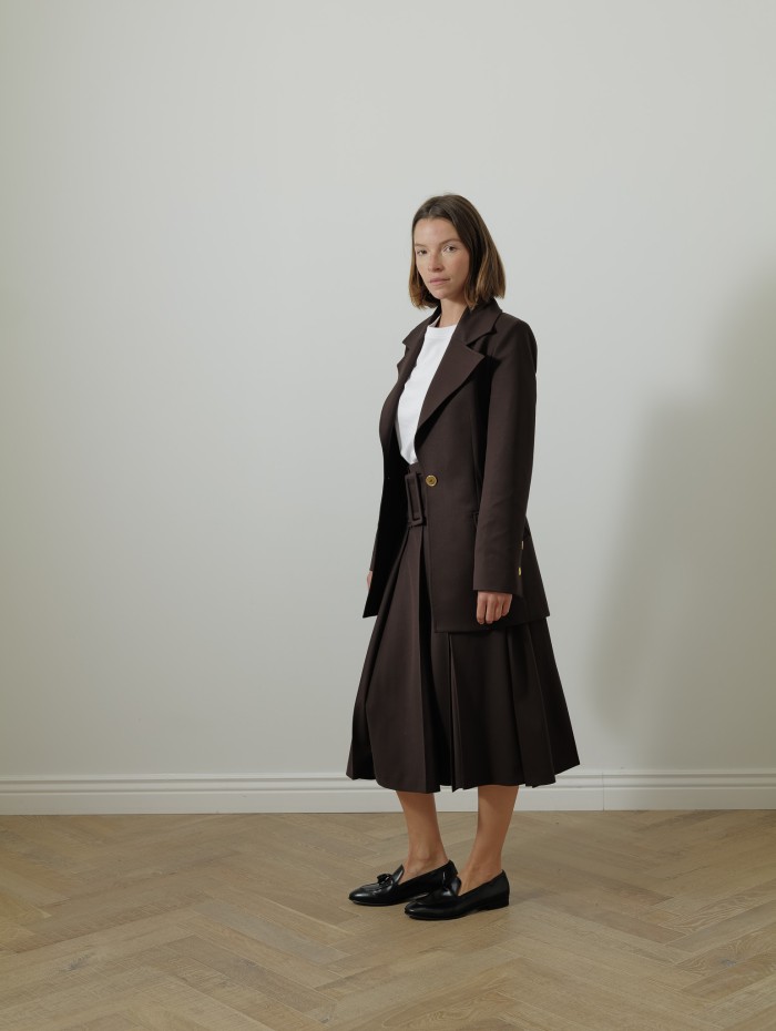 Jupe midi marron - Belted pleated - Patou