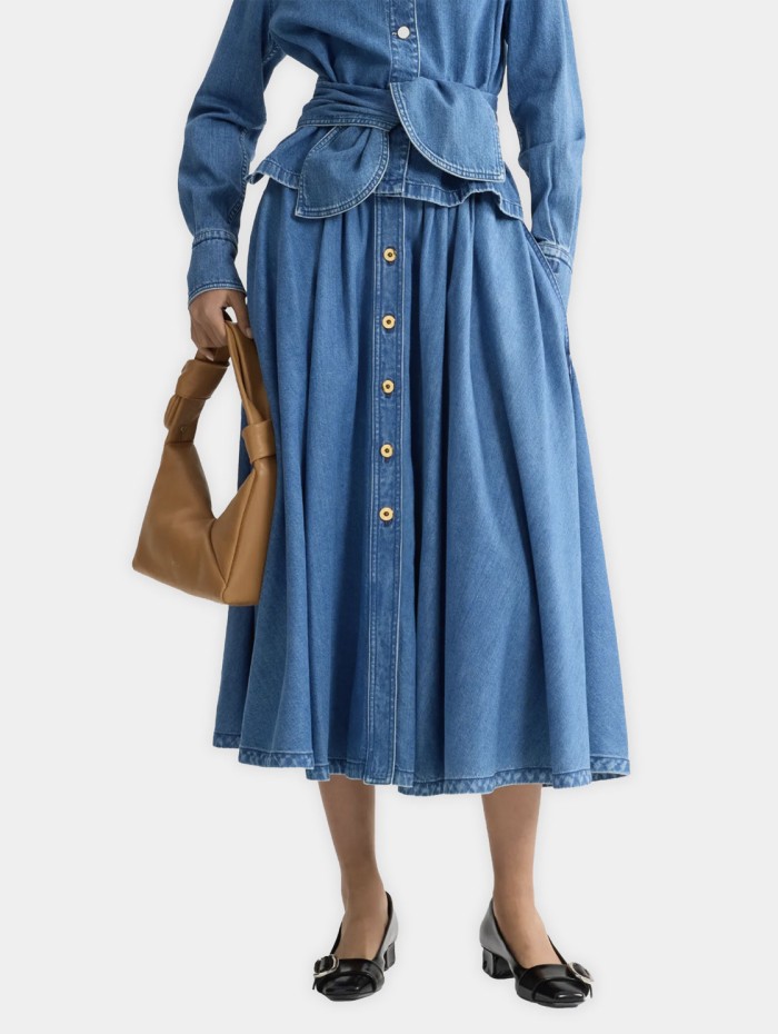 Jupe longue boutonnée en coton - Denim bleu - Patou