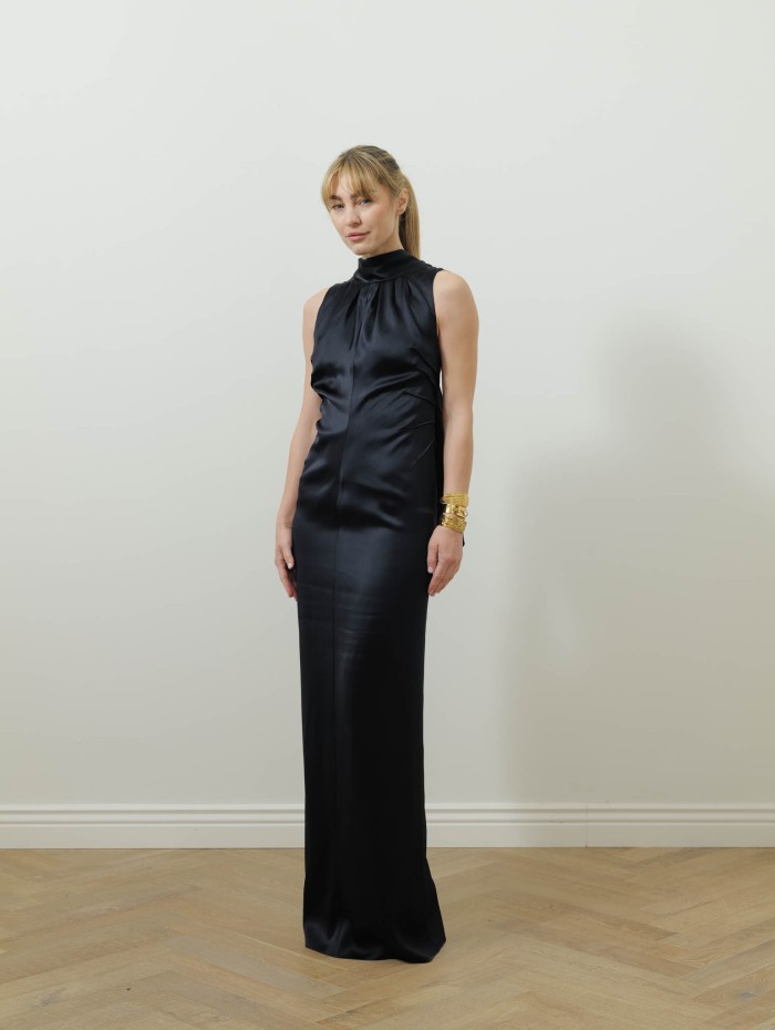 Robe longue en satin navy élégante | Lanvin