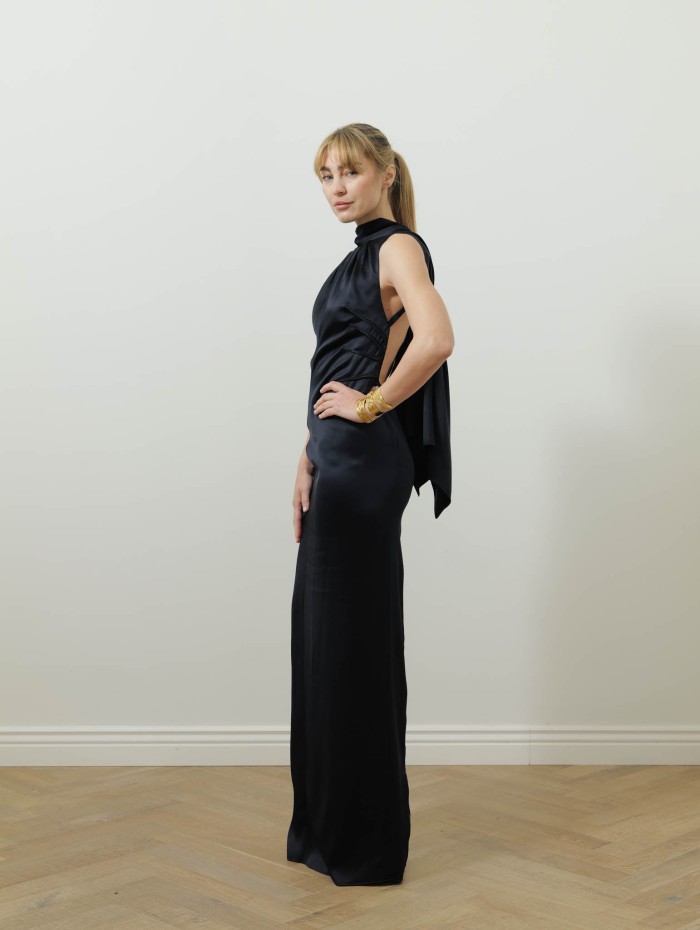 Robe longue en satin navy élégante | Lanvin