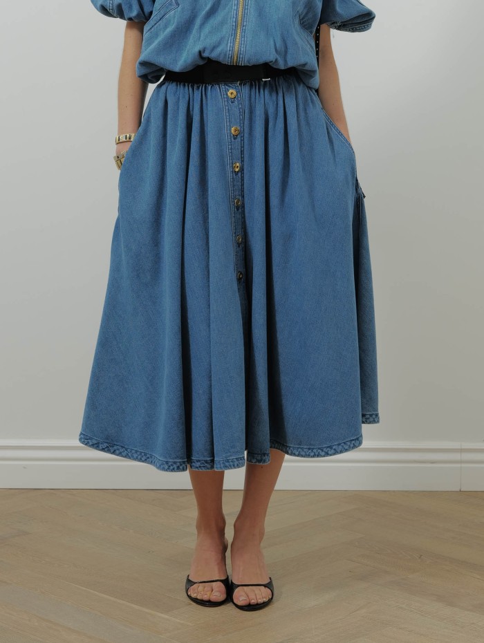 Jupe longue boutonnée en coton - Denim bleu - Patou