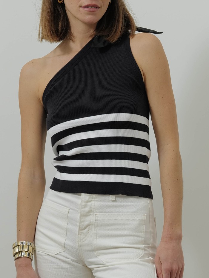 Haut asymétrique rayé en coton - Bleu et blanc - Patou