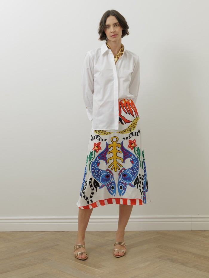 JUPE SOIE IMPRIME POISSON BLEU