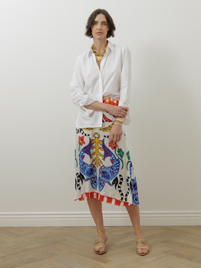 JUPE SOIE IMPRIME POISSON BLEU