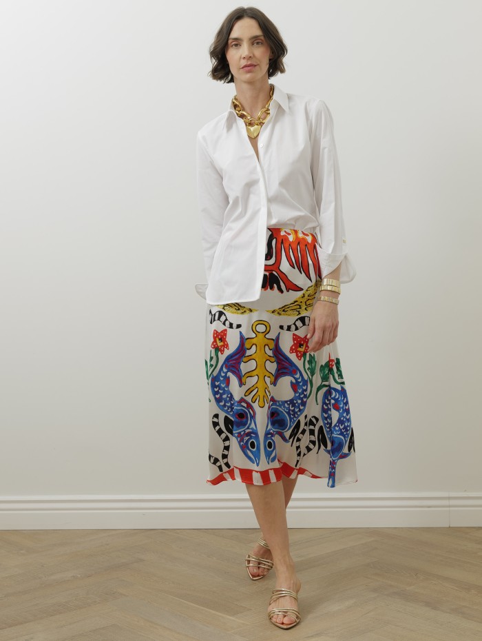 JUPE SOIE IMPRIME POISSON BLEU