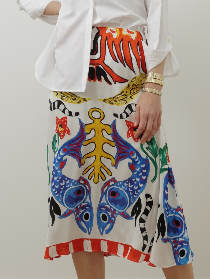 JUPE SOIE IMPRIME POISSON BLEU