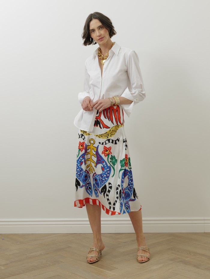 JUPE SOIE IMPRIME POISSON BLEU