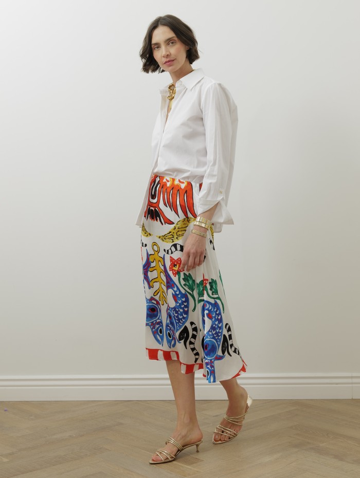 JUPE SOIE IMPRIME POISSON BLEU