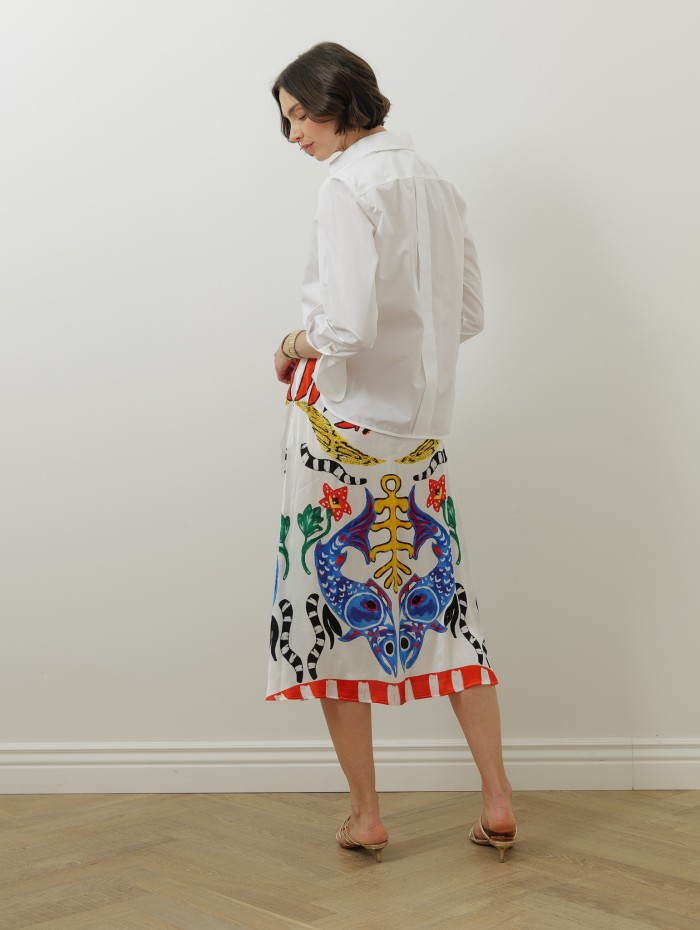 JUPE SOIE IMPRIME POISSON BLEU