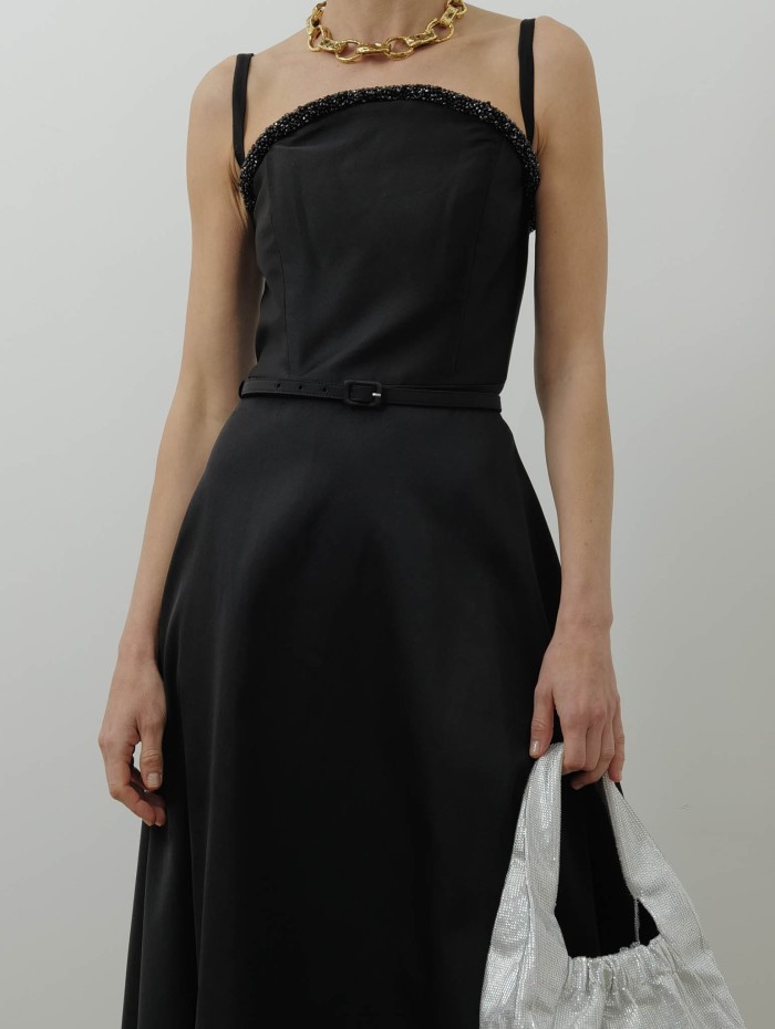 Robe longue noire - Curved crystal neckline taffeta dress - Roland Mouret