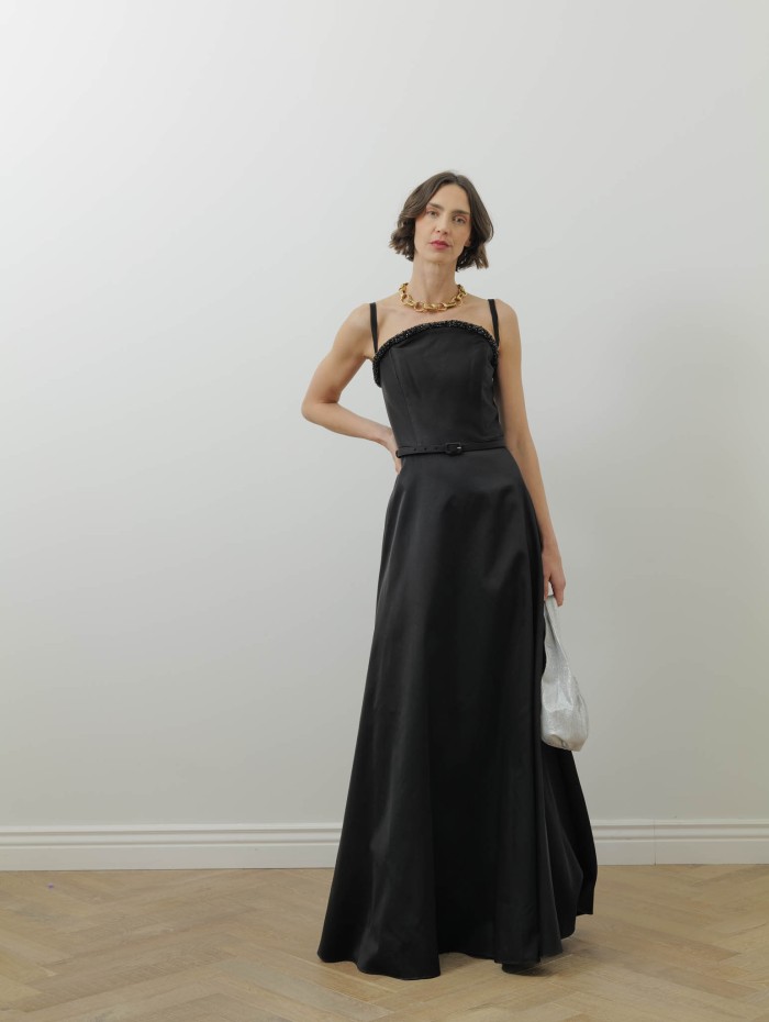 Robe longue noire - Curved crystal neckline taffeta dress - Roland Mouret