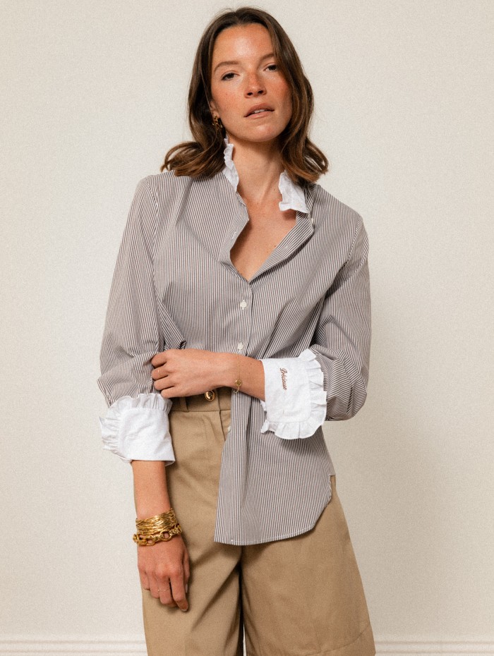 Chemise "La Pivoine" à fines rayures marron - Précieuse