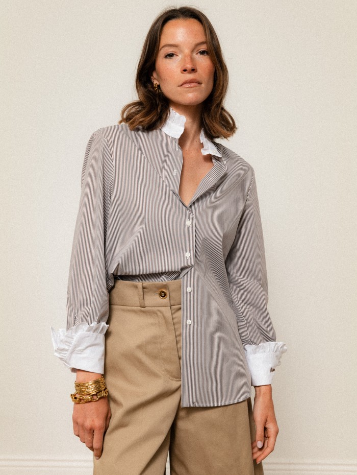 Chemise "La Pivoine" à fines rayures marron - Précieuse