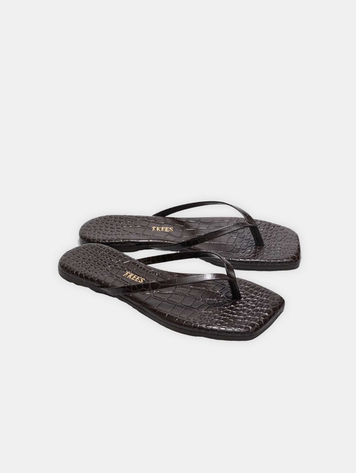 Tongs en cuir chocolat crocodile - Square toe croco - Tkees