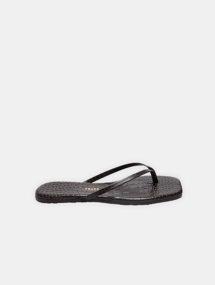 Tongs en cuir chocolat crocodile - Square toe croco - Tkees