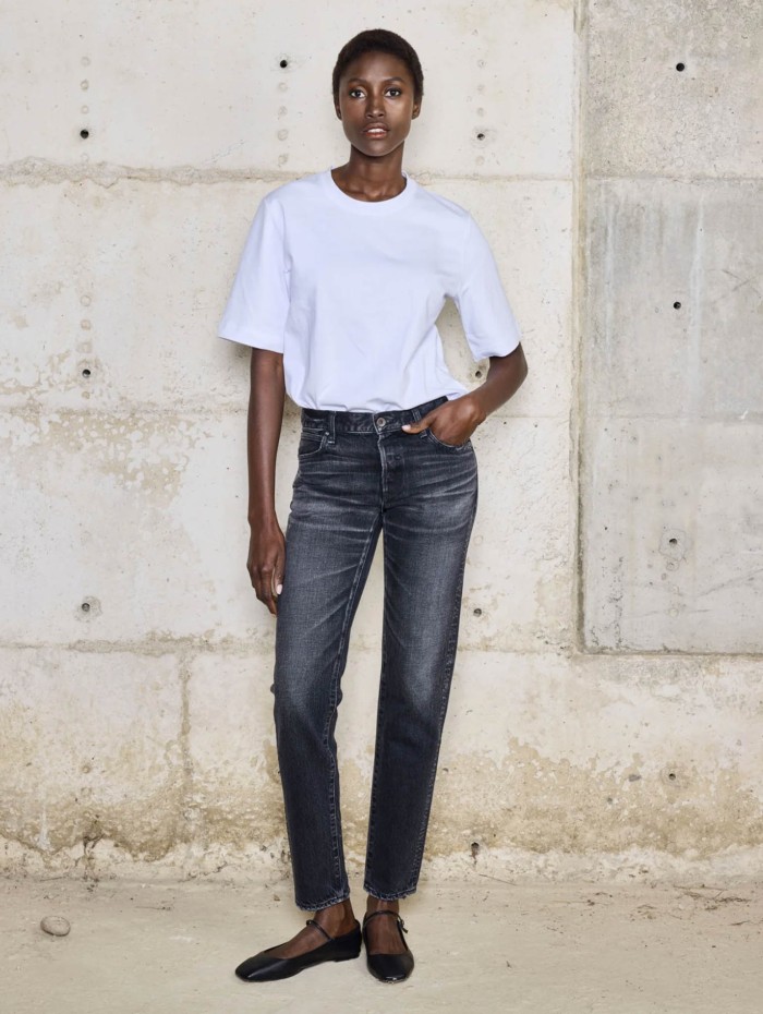 Jean tapered en toile japonaise noire délavée - Okayama - Boro denim