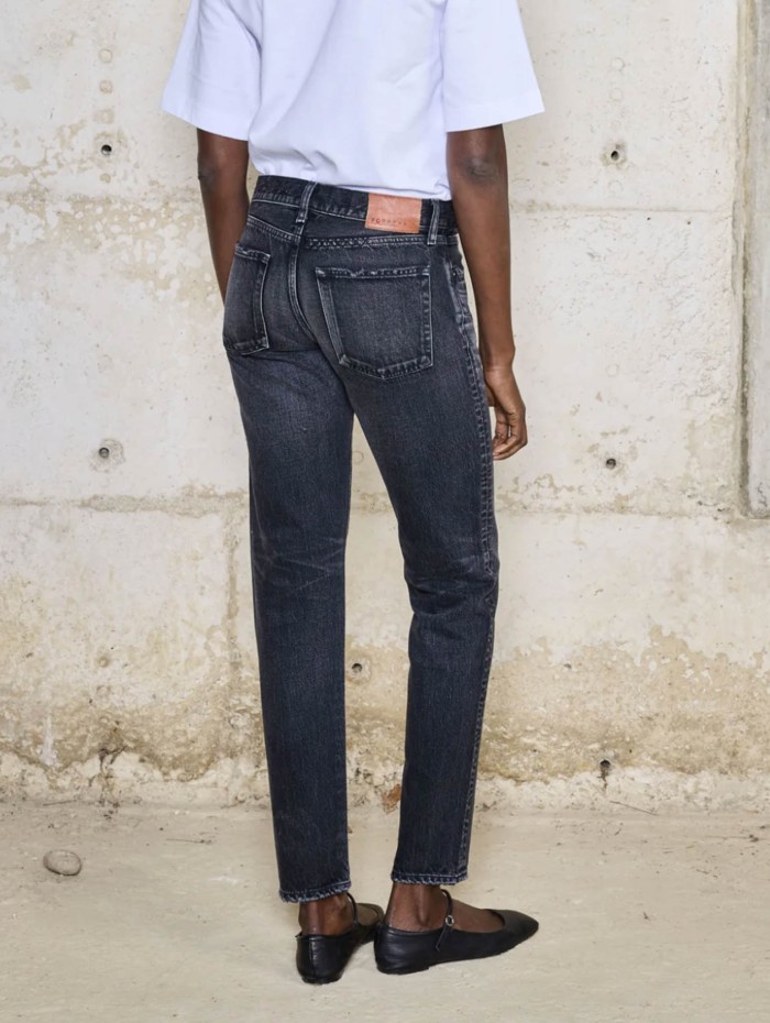 Jean tapered en toile japonaise noire délavée - Okayama - Boro denim