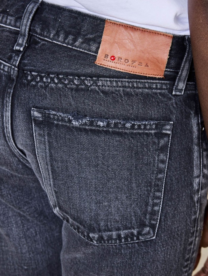 Jean tapered en toile japonaise noire délavée - Okayama - Boro denim