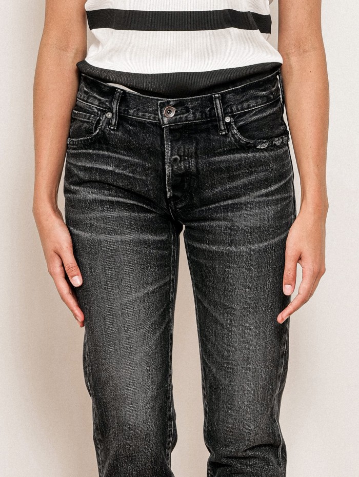 Jean tapered en toile japonaise noire délavée - Okayama - Boro denim