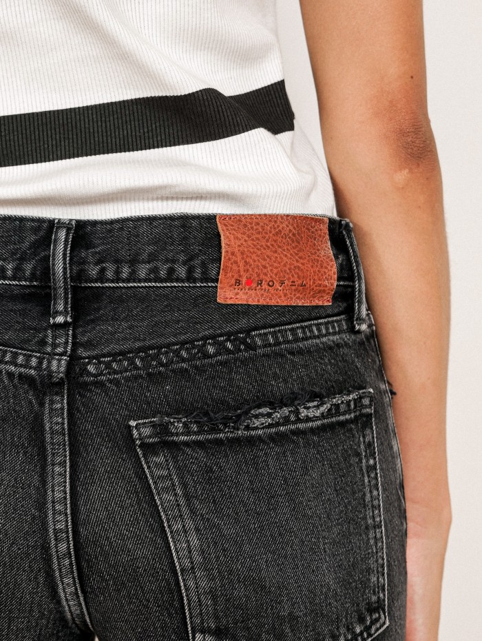 Jean tapered en toile japonaise noire délavée - Okayama - Boro denim