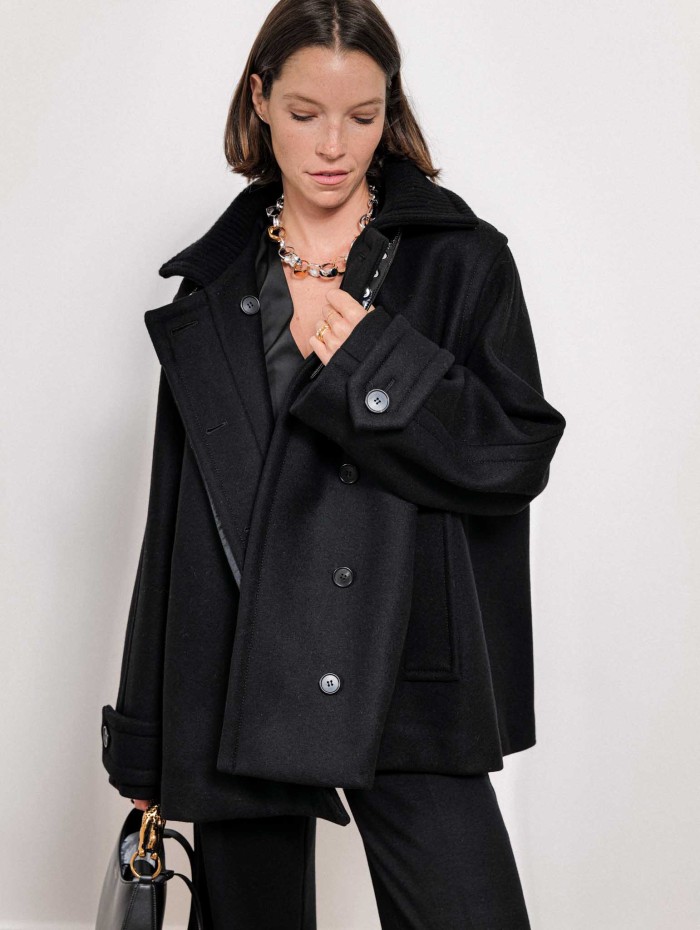 Manteau court noir en laine et cachemire | Lanvin