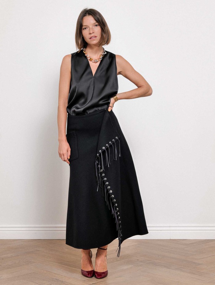 Jupe noire à franges en laine et cachemire | Lanvin