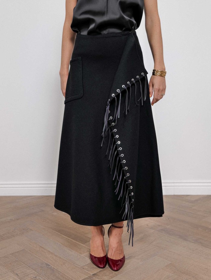 Jupe noire à franges en laine et cachemire | Lanvin
