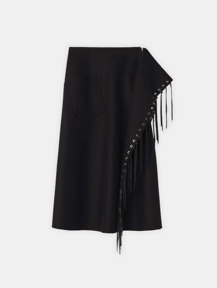 Jupe noire à franges en laine et cachemire | Lanvin