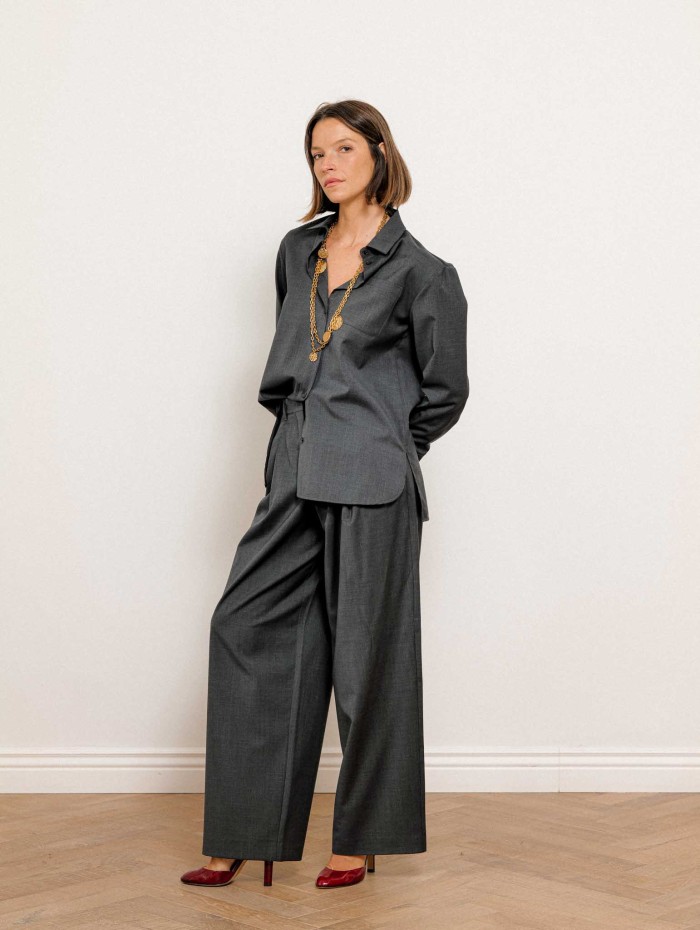 Pantalon palazzo gris en laine vierge - Taro - Max Mara
