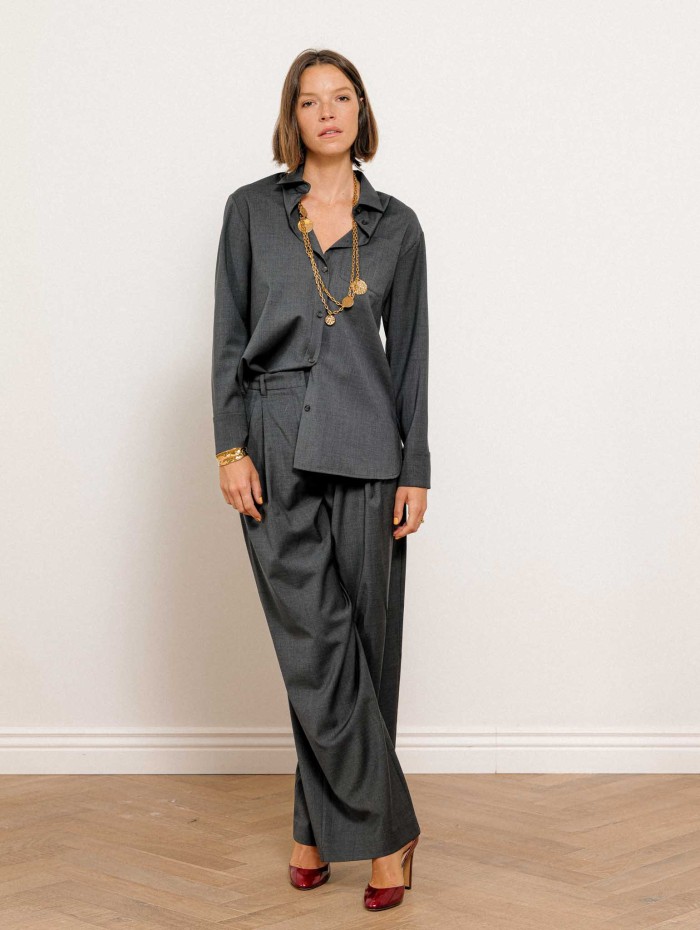 Pantalon palazzo gris en laine vierge - Taro - Max Mara