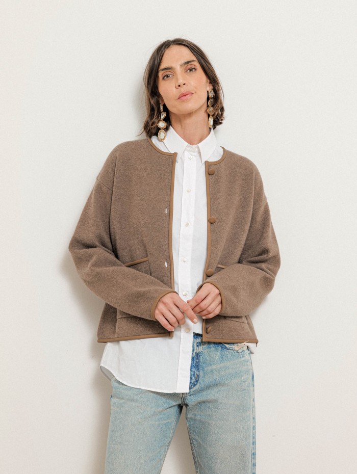 Veste gansée de cuir en cachemire et laine - Havane - Majestic Filatures