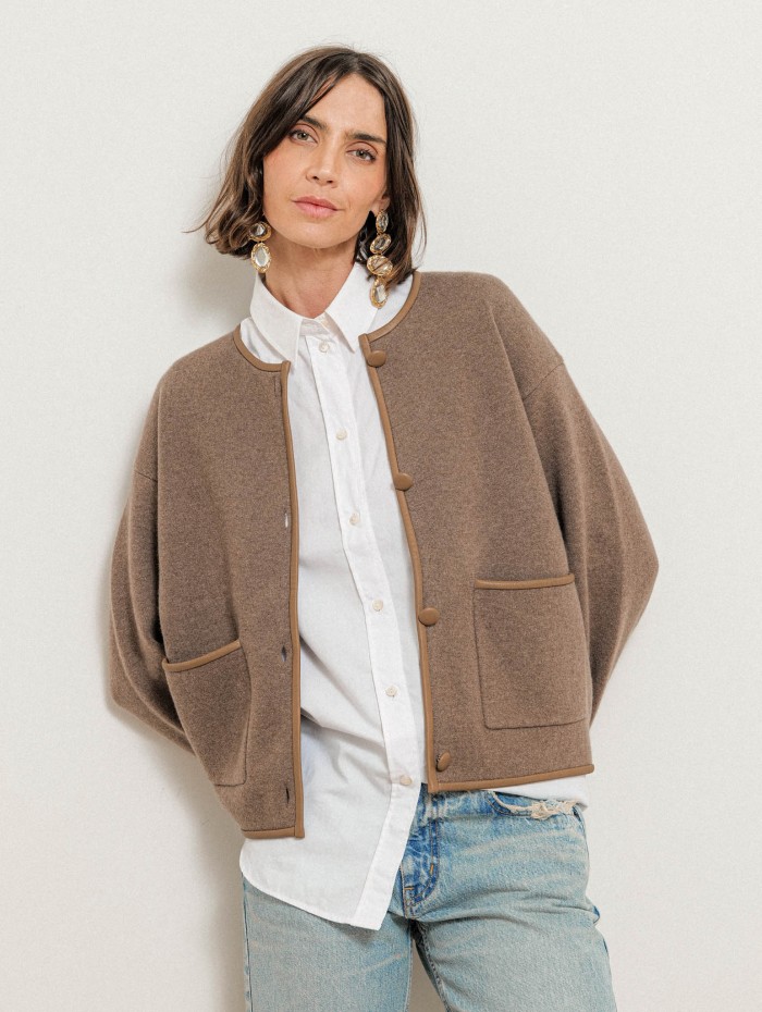 Veste gansée de cuir en cachemire et laine - Havane - Majestic Filatures