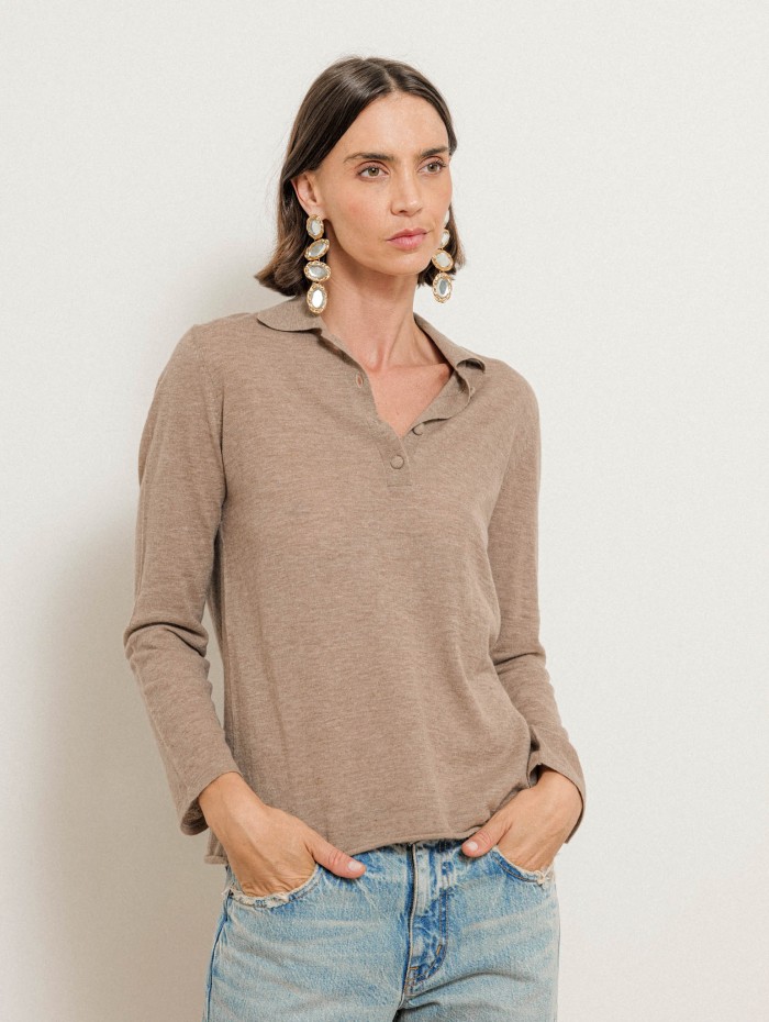 Polo manches longues en cachemire - Beige - Majestic Filatures