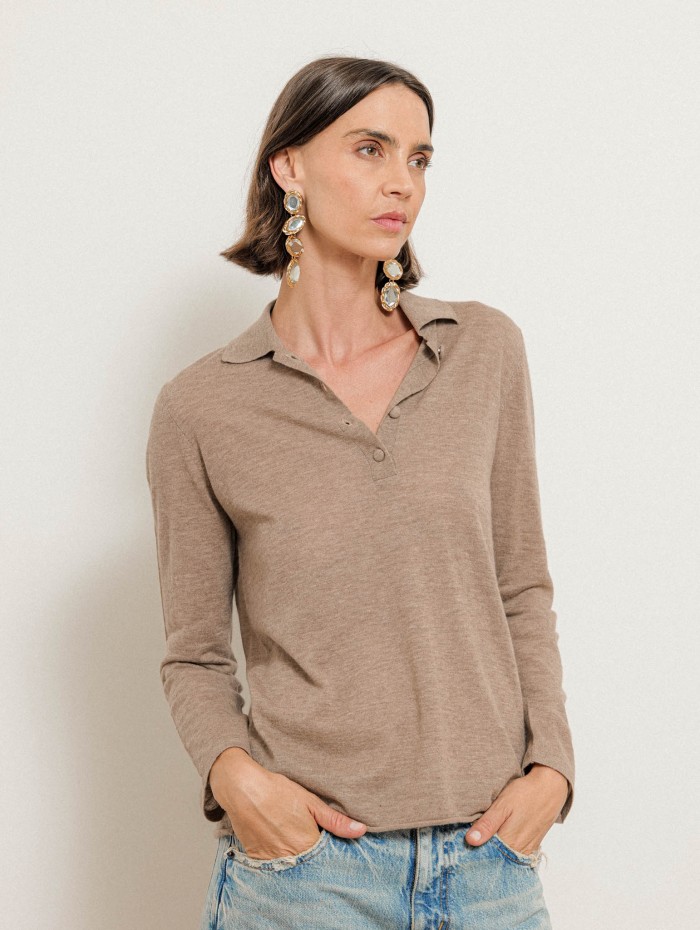 Polo manches longues en cachemire - Beige - Majestic Filatures