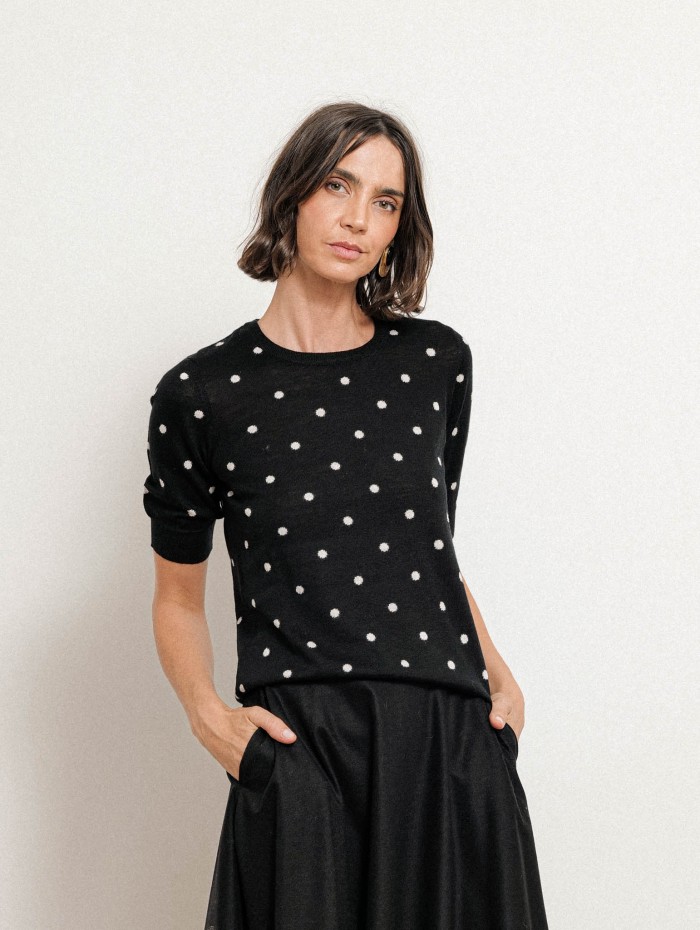 Pull à pois en laine et cachemire - Noir - Majestic filatures