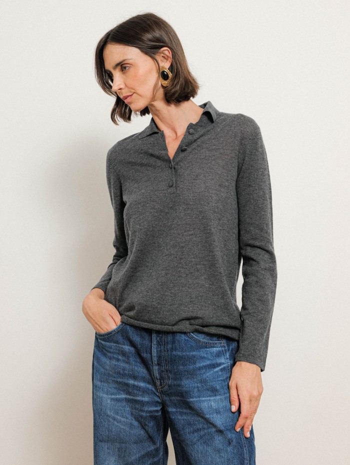 Polo manches longues en cachemire - Gris - Majestic Filatures