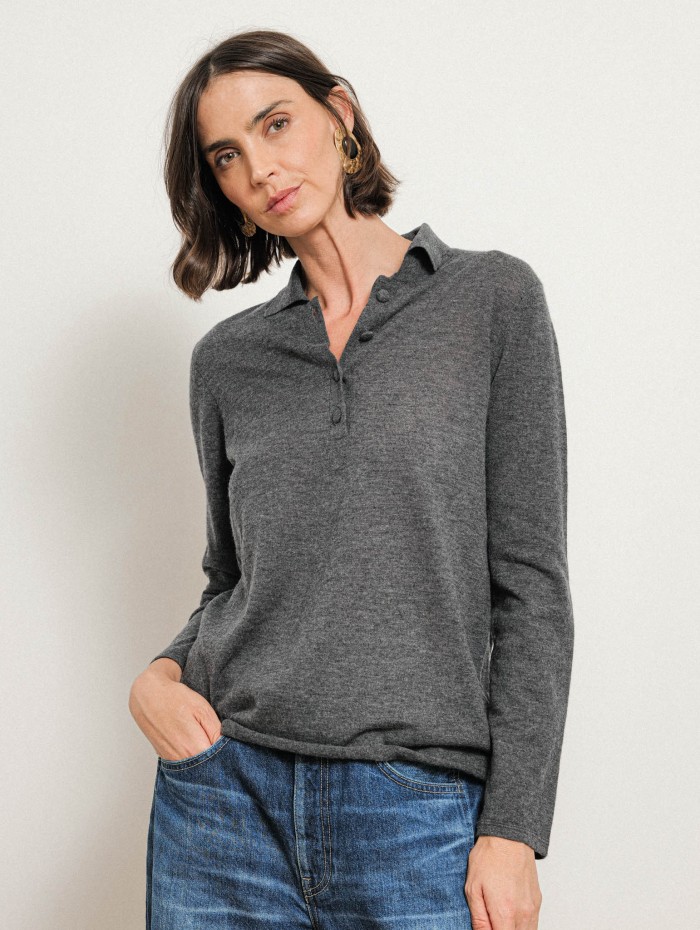 Polo manches longues en cachemire - Gris - Majestic Filatures