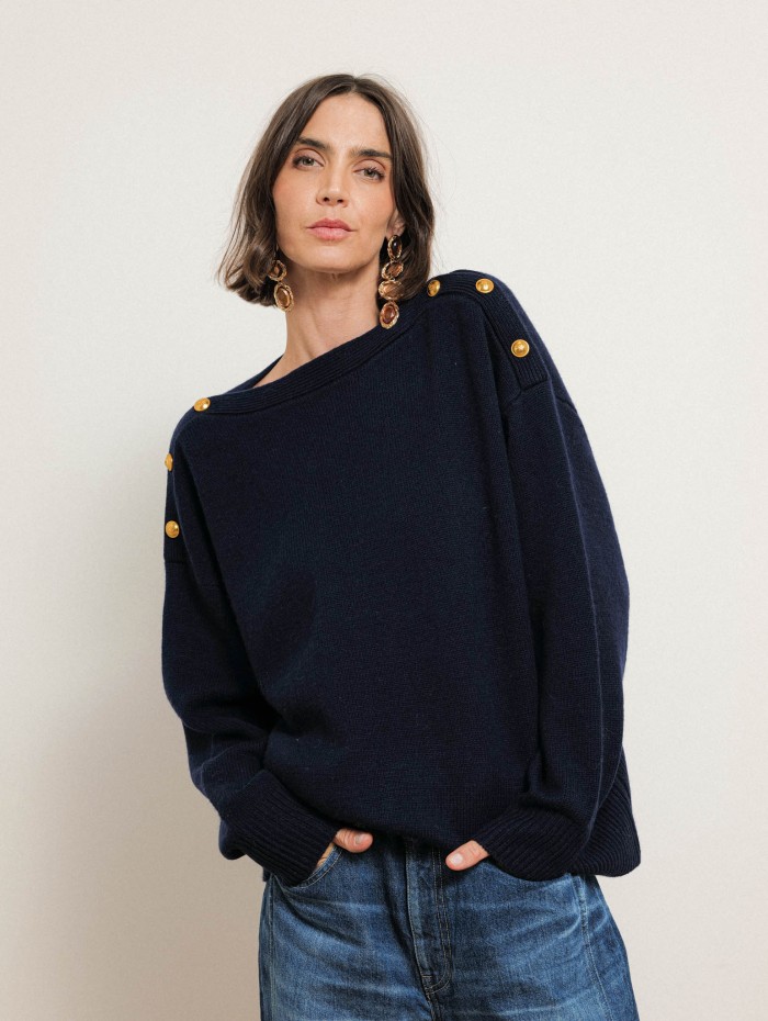 Pull col bateau en laine et cachemire - Bleu - Majestic Filatures