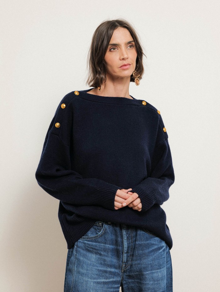 Pull col bateau en laine et cachemire - Bleu - Majestic Filatures