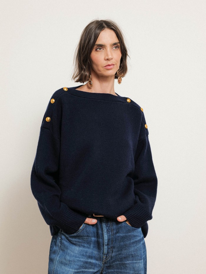 Pull col bateau en laine et cachemire - Bleu - Majestic Filatures