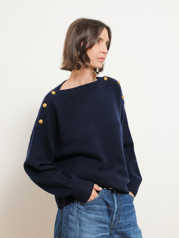 Pull col bateau en laine et cachemire - Bleu - Majestic Filatures