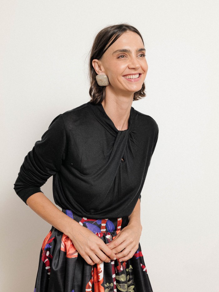 T-shirt col montant en viscose et cachemire - Noir - Majestic Filatures