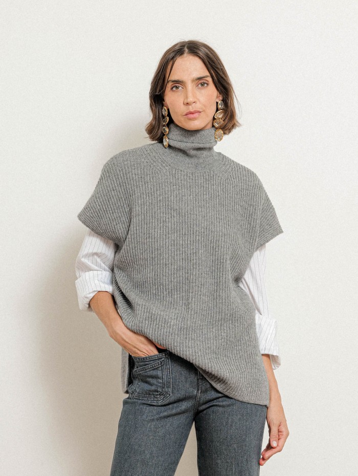 Pull sans manches à col roulé gris en laine et cachemire - Cobalto - Majestic Filatures