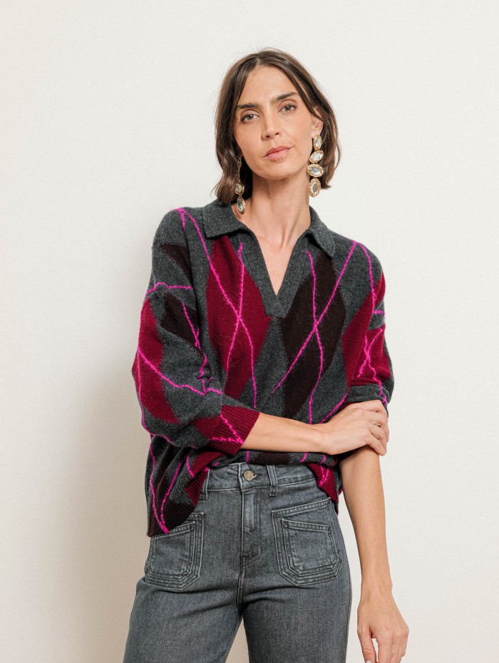 Pull polo jacquard à losanges en laine et cachemire - Gris - Majestic Filatures
