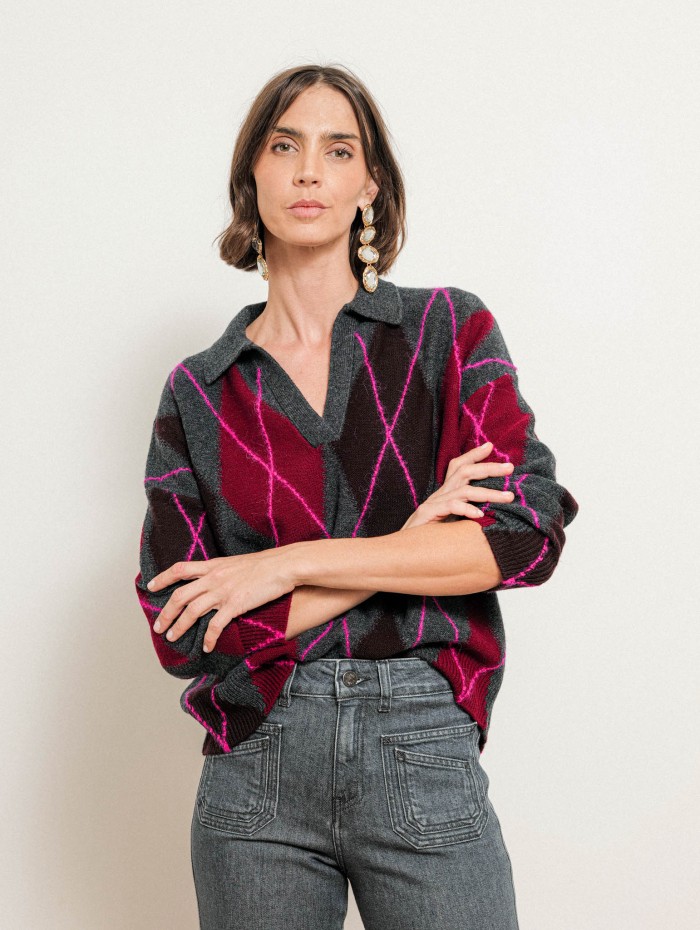 Pull polo jacquard à losanges en laine et cachemire - Gris - Majestic Filatures