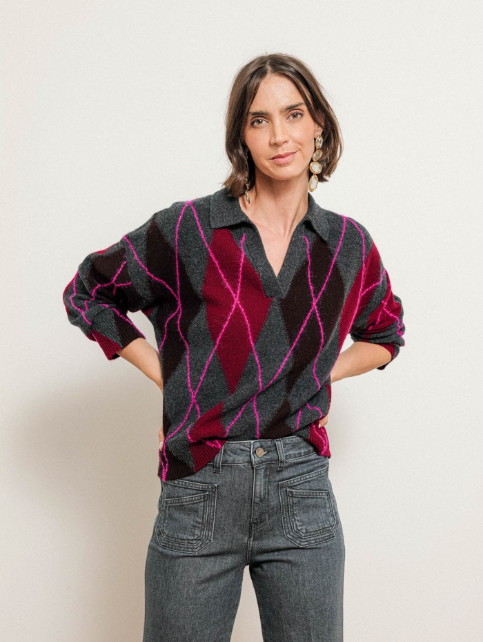 Pull polo jacquard à losanges en laine et cachemire - Gris - Majestic Filatures