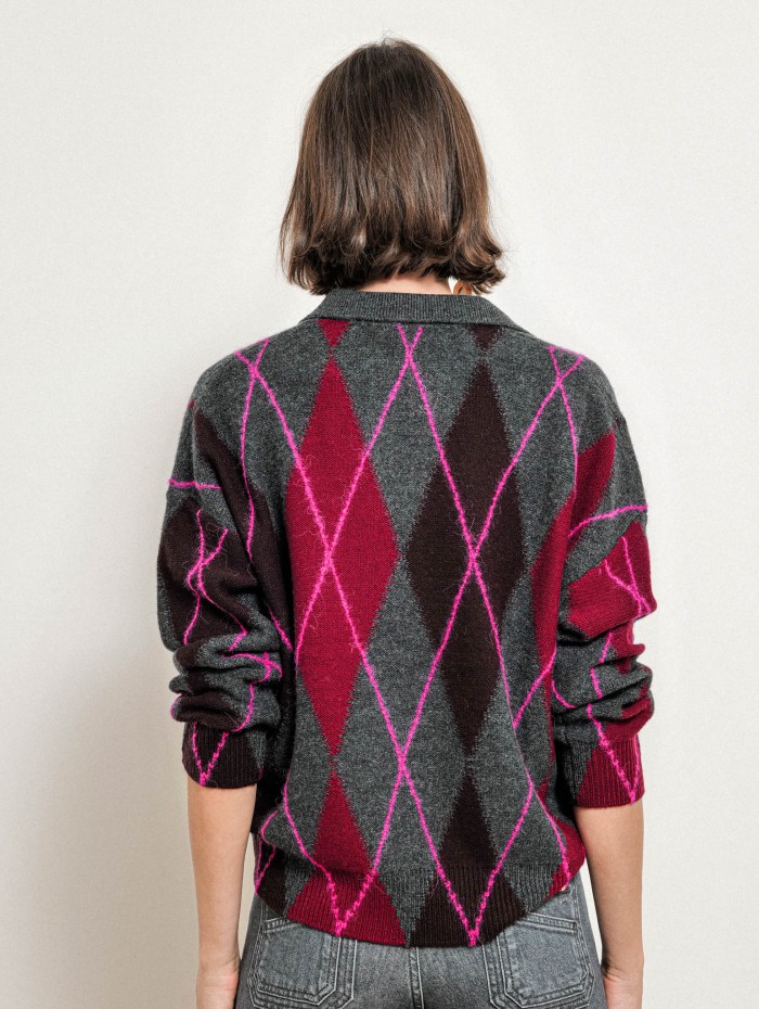 Pull polo jacquard à losanges en laine et cachemire - Gris - Majestic Filatures