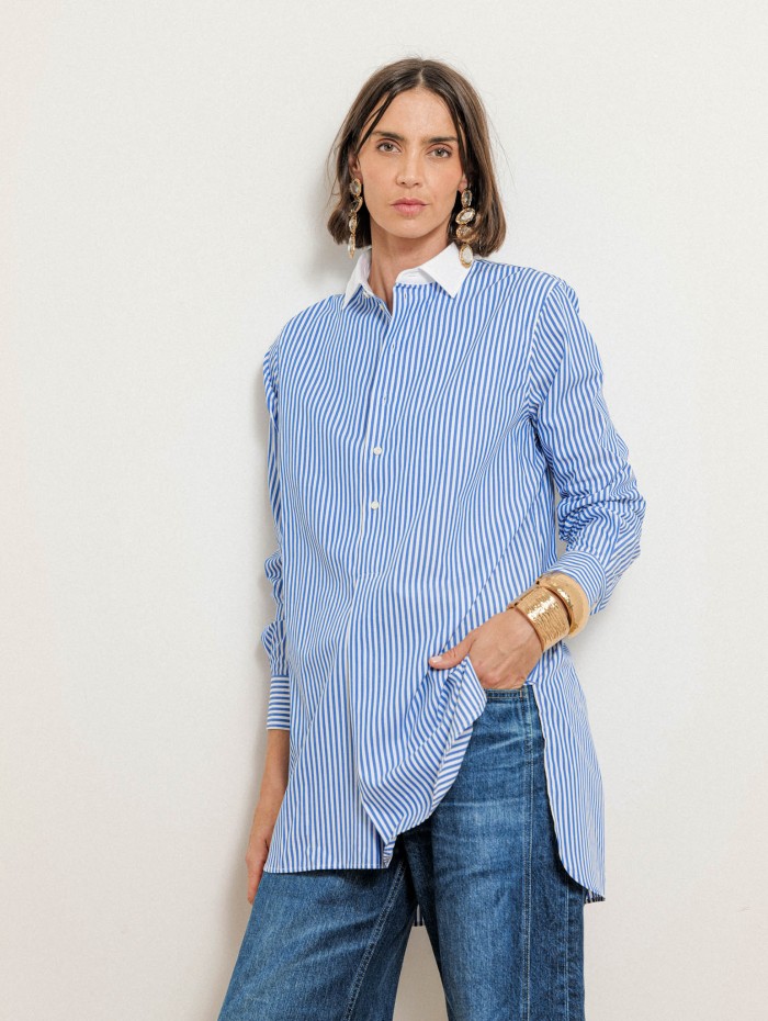 Chemise rayée bleue en coton à coupe large - Blair - Ines de la Fressange